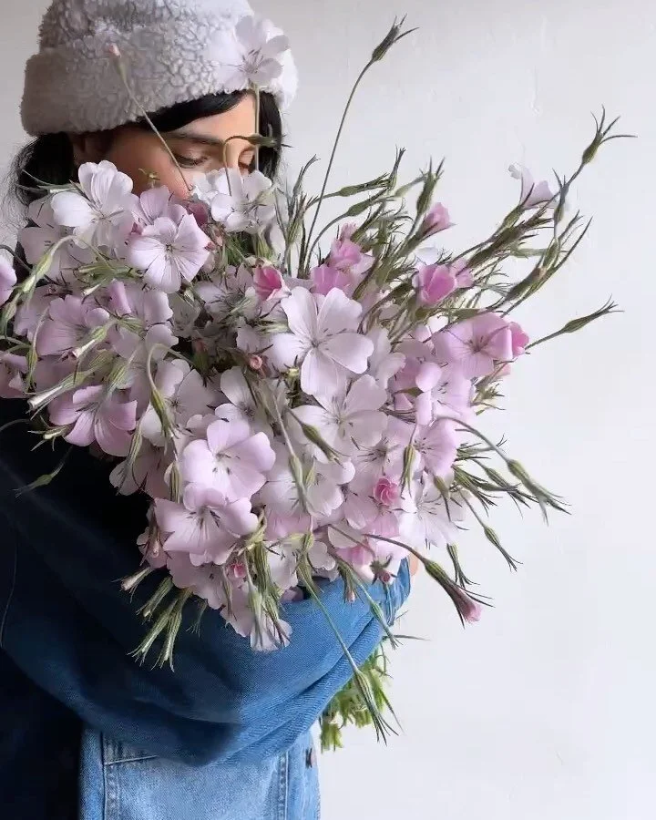 Lush spring bouquet held close in dusty lilac and cream